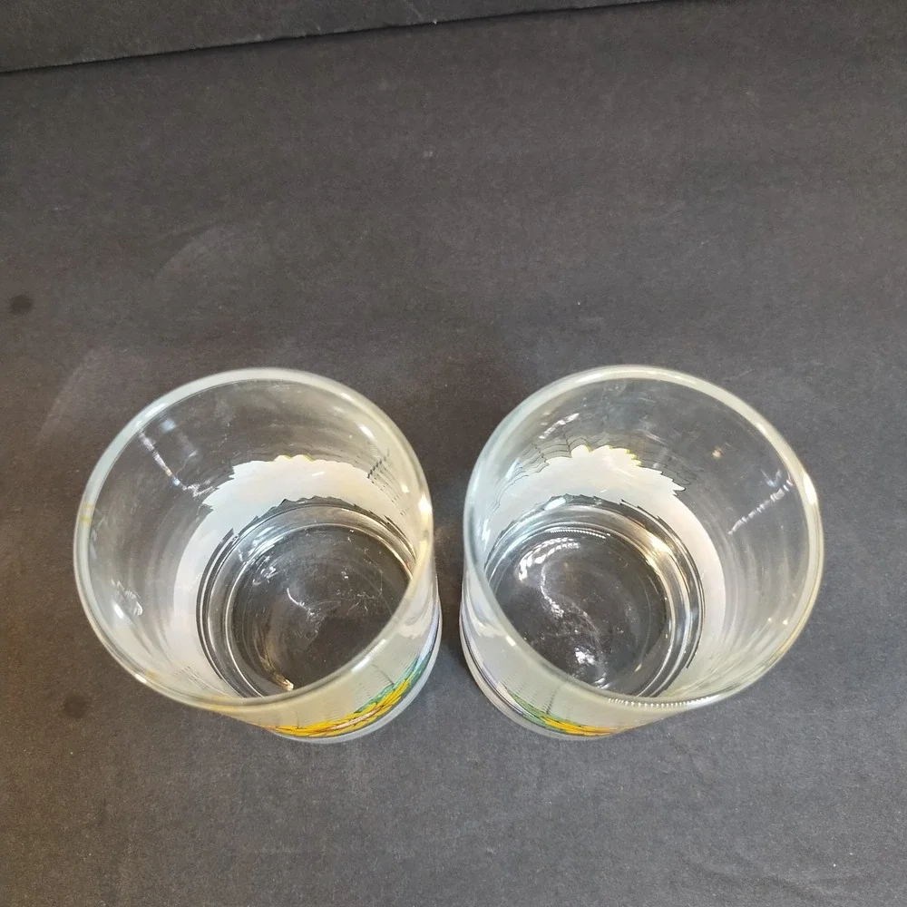 VTG Corelle Sunsations CRISA 5 pc Juice Glass Set Sunflowers Gingham 7 oz Blue